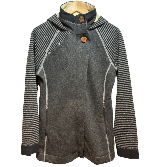 Prana Breathe Kari Hooded Wool Blend Jacket in Striped Gray, Size L - Picture 1 of 8